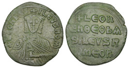 Leo VI the Wise, AD 886-912. AE, Follis. 7.71 g. 26.24 mm. Constantinople.
Obv: + L[Є]OҺЬ[A]S-ILЄVSROM. Frontal bust of Leo VI with short beard wearin...