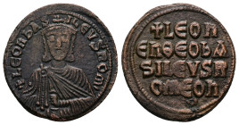 Leo VI the Wise, AD 886-912. AE, Follis. 7.80 g. 27.39 mm. Constantinople.
Obv: + LЄOҺЬAS-ILЄVSROM. Frontal bust of Leo VI with short beard wearing ch...