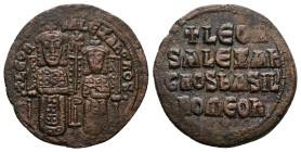 Leo VI the Wise and Alexander, AD 886-912. AE, Follis. 8.28 g. 27.33 mm. Constantinople. 
Obv: + LЄOҺ-SALЄΞAҺδROS. Leo on left and Alexander on right,...
