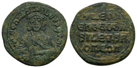 Leo VI the Wise, AD 886-912. AE, Follis. 10.52 g 27.99 mm. Constantinople.
Obv: + LЄOҺЬAS-ILЄVS ROM. Frontal bust of Leo VI with short beard wearing c...