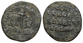Constantine VII and Romanus I, AD 931-944. AE, Follis. 7.93 g. 26.59 mm. Constantinople.
Obv: ⧾ COҺSƮ CЄ ROMAN b ROM. Crowned facing busts of Constant...