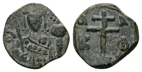 Alexius I Comnenus, AD 1081-1118. AE, Tetarteron. 2.08 g. 16.63 mm. Uncertain mint.
Obv: [AΛEZI] Frontal bust of Alexios I Komnenos wearing stemma, di...