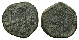 John II Comnenus, AD 1118-1143. AE, Tetarteron. 1.50 g. 15.33 mm. Thessalonica.
Obv: Iω ΔЄCΠΟT. Crowned bust of John facing, wearing jewelled chlamys,...