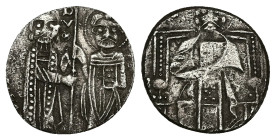 Republic of Venice. AR, Grosso. 1.26 g. 16.51 mm. Venice.
Obv: Doge (duke) stands facing receiving banner from patron saint St. Mark.
Rev: Facing figu...