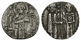 Republic of Venice. AR, Grosso. 1.57 g. 17.58 mm. Venice.
Obv: Doge (duke) stands facing receiving banner from patron saint St. Mark.
Rev: Facing figu...