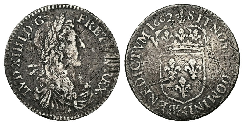 France. Louis XIV, AD 1643-1715. 5 Sols. 2.15 g. 20.39 mm.
Obv: LVD XIIII D G FR...