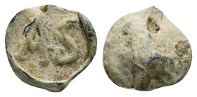 PB Roman imperial conical seal (c. AD 4th–5th centuries)
Obv: Two letters: AS.
Rev: Blank, domed.
Weight: 2.48 g.
Diameter: 13.32 mm.