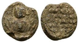 PB Byzantine lead seal (c. AD 11th–12th centuries)
Obv: Bust of the Mother of God orans, the medallion of Christ before her. Sigla at left and right: ...