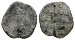 PB Byzantine lead seal (c. AD 11th century)
Obv: Half-length of St George holding a spear and shield. Remnants of an inscription at r.: [ὁ ἅ(γιος) Γεό...