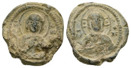 PB Byzantine anonymous seal. (c. AD 11th century)
Obv: Bust of the Mother of God orans. The medallion of Christ is on her lap. Sigla on either side: Μ...