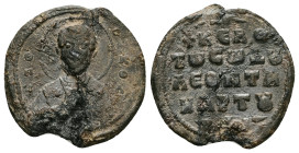 PB Byzantine seal of Leo, chartoularios (c. AD 11th century)
Obv: Bust of St Nicholas holding the book and offering a blessing. Inscription on either...
