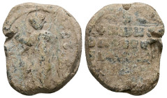 PB Byzantine lead seal of Constantine (c. AD 11th–12th centuries)
Obv: St. George standing, holding a spear and shield. In columns on either side, tra...
