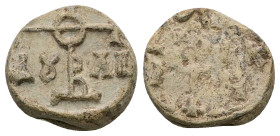 PB Byzantine lead seal (AD 9th century)
Obv: Cruciform invocative monogram (type V): Θεοτόκε βοήθει. In the quarters: [τῷ σῷ] δούλῳ.
Rev: Illegible in...