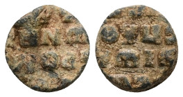 PB Byzantine seal of N. protospatharios and judge of the hippodrome? (c. AD 11th century)
Obv: Inscription of at least four lines.
Rev: Inscription of...