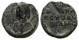 PB Byzantine lead seal of (AD 11th century)
Obv: Bust of the Mother of God orans. Inscription on either side: Μ(ήτη)ρ [Θ(εο)ῦ].
Rev: Inscription of at...