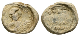 PB Byzantine lead seal (c. AD 11th century)
Obv: Bust of the archangel Michael holding a trefoil sceptre in his right hand. Sigla indistinct. Border o...