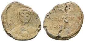 PB Byzantine lead seal (c. AD 11th century)
Obv: Bust of the Mother of God, the medallion of Christ before her. Sigla indistinct. Border of dots.
Rev:...
