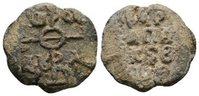 PB Byzantine lead seal (c. AD 8th century)
Obv: Partially preserved cruciform invocative monogram. In the quarters: [τ]ῷ σῷ δούλ[ῳ]. Indeterminate bor...
