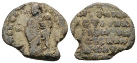 PB Byzantine lead seal (AD 11th–12th centuries)
Obv: The Mother of God standing, holding the Child in her left arm. Sigla preserved at l.: Μή(τη)ρ [Θ(...