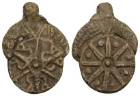 PB Byzantine or western amuletic pendant (c. AD 10th century or later)
Obv: Floral pattern with a pellet in the center, all within a border.
Rev: Flor...