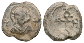 PB Byzantine monogrammatic seal (c. AD 7th century)
Obv: Bust of Christ between two crosses.
Rev: Cruciform monogram.
Weight: 7.59 g.
Diameter: 20.22 ...