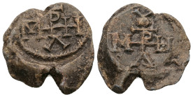 PB Byzantine monogrammatic seal of metropolitan (AD 7th century)
Obv: Cruciform monogram: η, ι, λ, μ, [ο], π, ρ, τ, [υ]: μητροπολίτου. Wreath border....