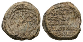PB Byzantine lead seal of John spatharokandidatos and ? (AD 11th century)
Obv: Illegible.
Rev: Inscription of five lines beginning with a cross. Borde...