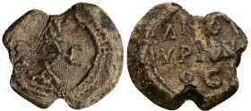 PB Byzantine seal of Eustathios decurion (c. AD 6th–7th centuries)
Obv: Cruciform invocative monogram: α, ε, θ, ι, ο, σ, τ, υ. Reading: Εὐσταθίου. Wr...
