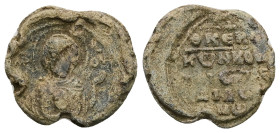 PB Byzantine seal of Constantine (AD 11th–12th centuries)
Obv: Bust of the Mother of God orans, the medallion of Christ before her. Sigla at left and ...