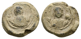 PB Byzantine anonymous seal (AD 11th century, second half)
Obv: Bust of the Mother of God orans. Sigla on either side: Μ(ήτη)ρ Θ(εο)ῦ. Border of dots....