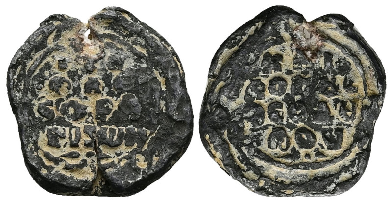 PB Byzantine metrical seal of Theodoulos (AD 11th century)
Obv: Inscription of ...