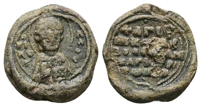 PB Byzantine lead seal (AD 11th century) 
Obv: Bust of St. Nicholas, holding a b...