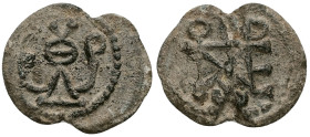 PB Byzantine monogrammatic seal of Theodore apo eparchon (AD 7th century)
Obv: Cruciform monogram. Reading: Θεοδώρου. Wreath border.
Rev: Cruciform ...