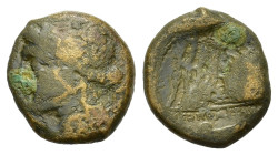 Italy, Southern Campania, Neapolis, c. 250-225 BC. Æ (18 mm, 6,3 g). Laureate head of Apollo l. within laureate wreath; [I]ΠΠO behind. R/ Lyre leaning...