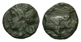 Italy, Campania, Neapolis, c. 250-225 BC. Æ (13,5 mm, 1,7 g). Laureate head of Apollo l. R/ Forepart of man-headed bull r. HNItaly 597.