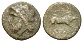 Italy, Apulia. Arpi. Circa 325-275 BC. Æ (21,2 mm, 6,5 g) Laureate head of Zeus left; thunderbolt to right. R/ Wild bristle-backed boar running right;...