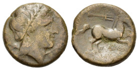 Italy, Northern Apulia, Salapia. Circa. 225-210 BC. Æ (21 mm, 8 g). Poullos, magistrate. Laureate head of Apollo r. R/ Horse prancing r.; trident abov...