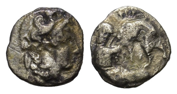 Italy, Calabria, Tarentum. Circa 380-325 BC. AR Diobol. Helmeted head of Athena ...