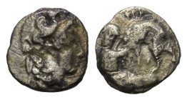 Italy, Calabria, Tarentum. Circa 380-325 BC. AR Diobol. Helmeted head of Athena right. R/Herakles kneeling right, strangling Nemean lion. HN Italy 911...