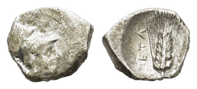 Italy, Lucania. Metapontion. Circa 325-275 BC. Diobol (11 mm, 1 g). Head of Athe...