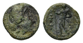 Italy, Bruttium. Petelia. Circa 216-89 BC. Æ (13,3 mm, 2 g) Laureate head of Zeus right; three pellets behind. R/Zeus standing left; monogram to left....