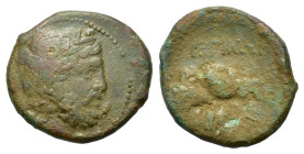 Italy, Bruttium. Rhegion, circa 215-150 BC. Æ Tetras (22,8 mm, 7,7 g). Laureate head of Asklepios r. R/ Hygieia standing l., holding serpent; III to l...