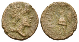 Sicily, Akragas. After 210 BC. Æ (18 mm, 3,6 g). Laureate head of Kore right. R/ Asklepios standing facing, head left, holding patera. BAR Issue 19; C...