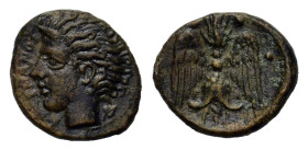 Sicily, Catane. circa 405-402 BC. Æ Tetras (12,4 mm, 1,8 g) Head of river-god l. with horn and floating hair; at r., ivy-leaf. R/Winged thunderbolt. S...