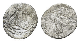 Sicily, Kamarina. Circa. 461-440/35 BC. AR Litra (12 mm, 0,4 g). Nike flying l.; below, swan standing l.; all within wreath. R/ Athena standing l., ho...
