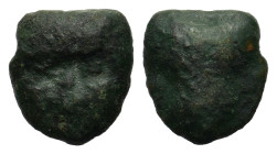 Sicily, Selinos. Circa 450-400 BC. Æ Hexas or Dionkion (13 mm, 3,7 g) Head of Silenos facing. R/ Celery leaf with two pellets (mark of value) flanking...
