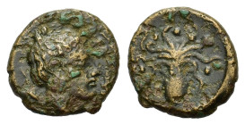 Sicily, Syracuse, Second Democracy. 466-405 BC. Æ Tetras (15,8 mm, 2,8 g) female head r.; on l., dolphin, R/Octopus; below, pellet. CNS II, p. 30, n. ...