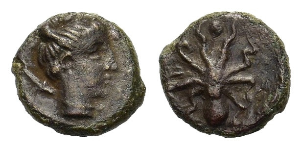 Sicily, Syracuse. Second Democracy. 466-405 BC. Æ Onkia (11 mm, 1,3 g) Head of A...