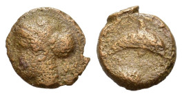 Sicily, Syracuse, time of Dionysios I 405-367 BC. Æ Hemilitron (14 mm, 2,5 g) Head of Arethusa left, laurel branch right. R/ Dolphin right, cockle she...