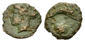 Sicily, Syracuse. Dionysios I. 405-367 BC. Æ Hemilitron (16, 5 mm, 2,5 g) Female head left, hair in ampyx, wearing sphendone; two leaves to right. R/ ...